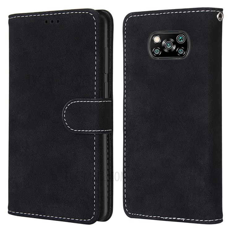 Retro Style Matte Leather Case Phone Cover Wallet Stand for Xiaomi Poco X3 NFC / Xiaomi Poco X3 - Black-1
