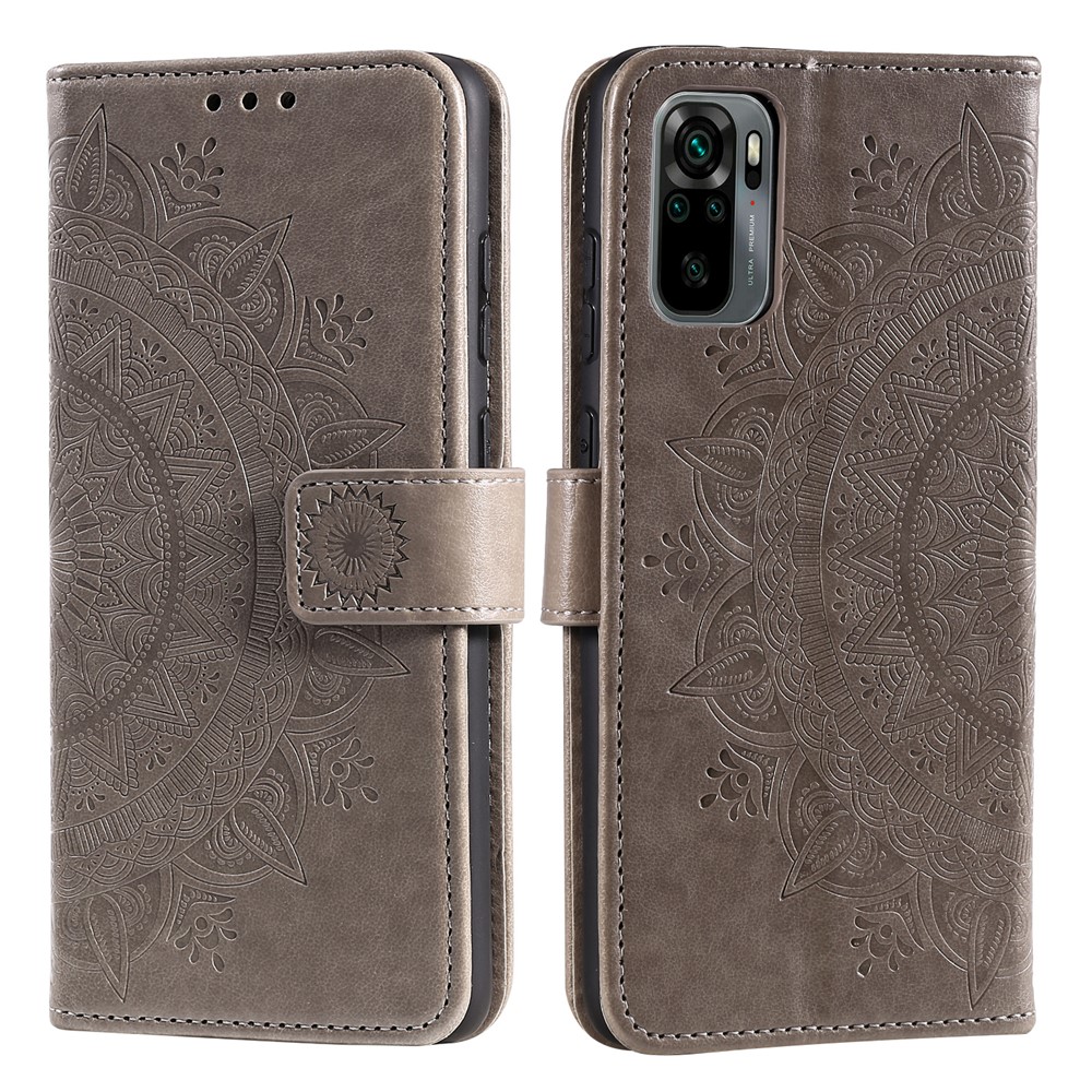 Imprinted Mandala Flower Wallet Leather Case with Strap for Xiaomi Redmi Note 10 4G / Redmi Note 10S - Grey-1