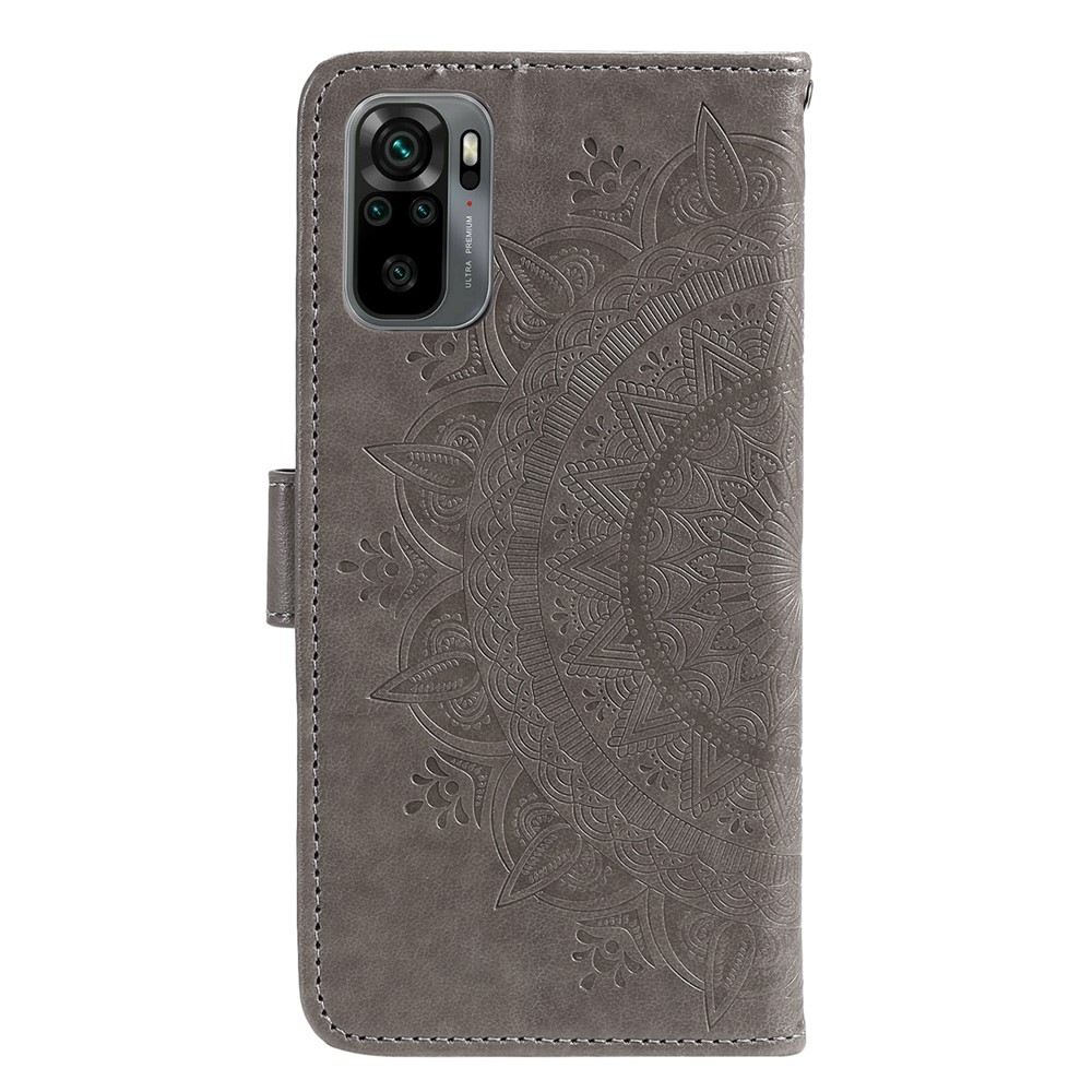 Caixa de Couro da Carteira de Flor Mandala Impressa Com Cinta Para Xiaomi Redmi Note 10 4G / Redmi Nota 10s - Cinza