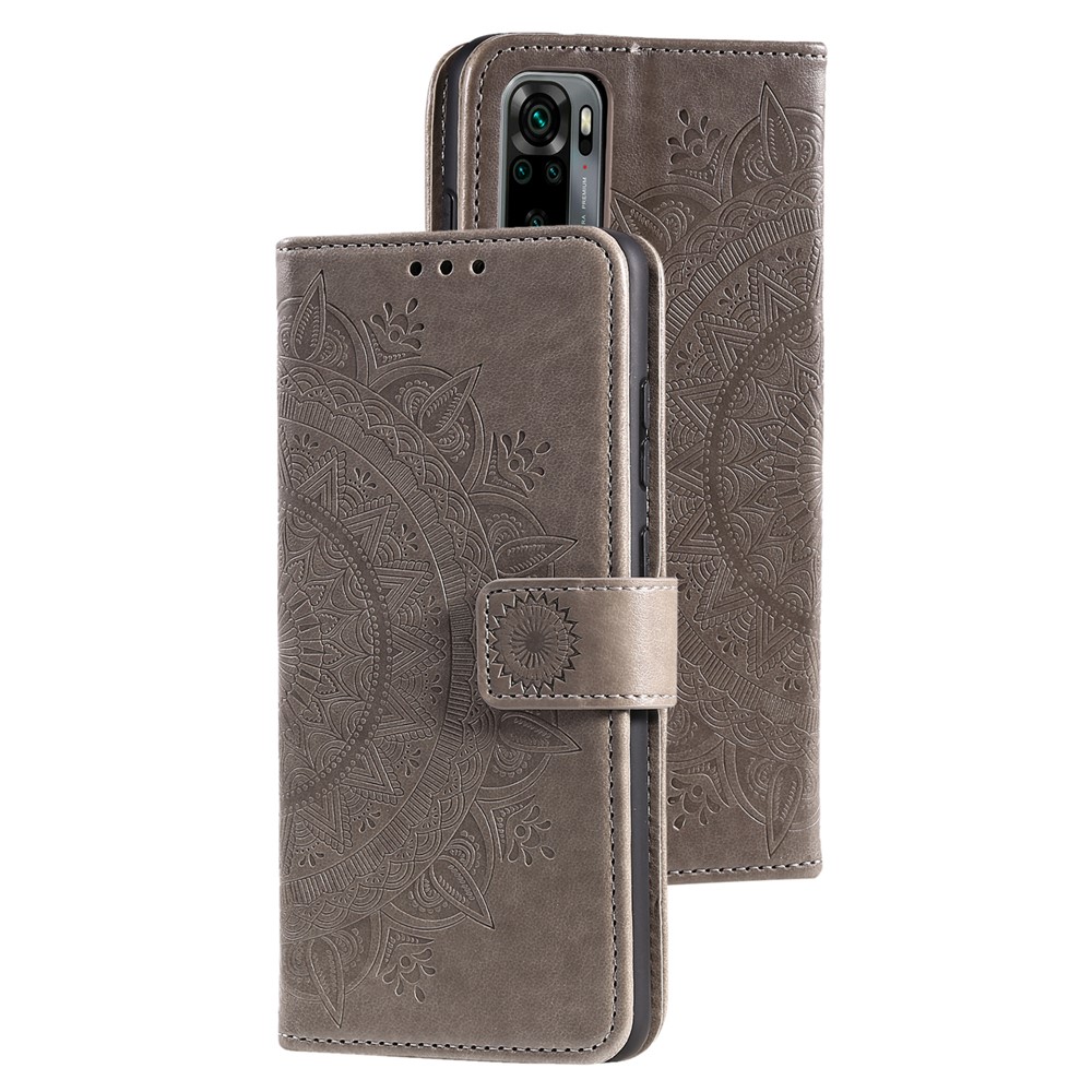 Imprinted Mandala Flower Wallet Leather Case with Strap for Xiaomi Redmi Note 10 4G / Redmi Note 10S - Grey-4