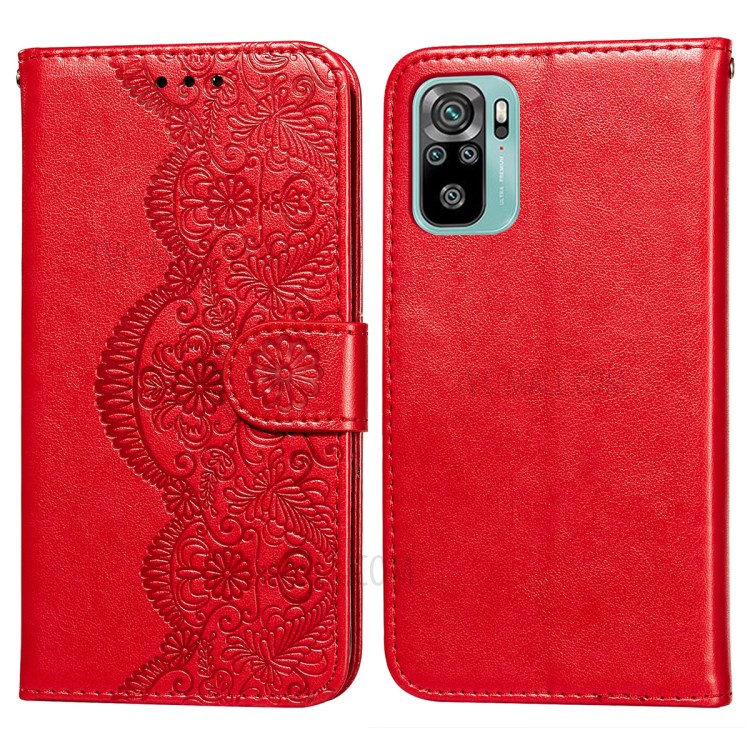 Imprinted Flower Vine Wallet PU Leather + TPU Case with Lanyard for Xiaomi Redmi Note 10 4G / Redmi Note 10S - Red-1