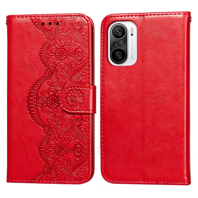 Imprinted Flower Vine Wallet PU Leather + TPU Case with Lanyard for Xiaomi Redmi K40 - Red-1