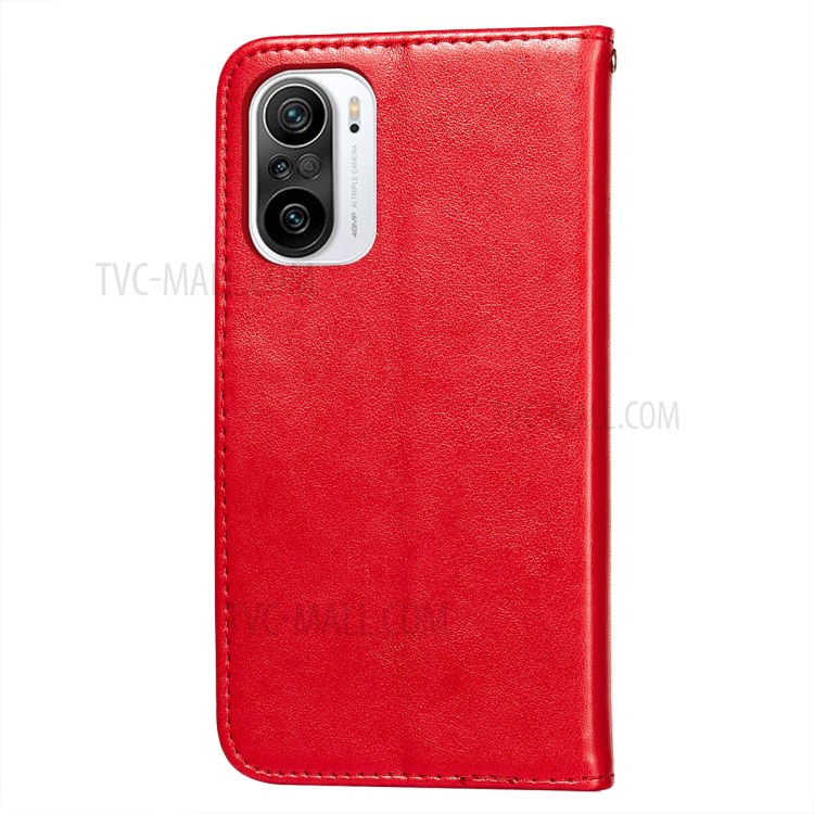 Imprinted Flower Vine Wallet PU Leather + TPU Case with Lanyard for Xiaomi Redmi K40 - Red-3
