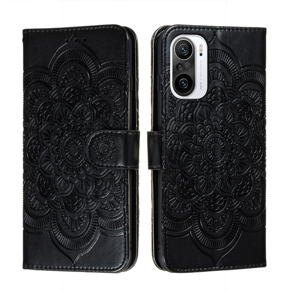 Imprint Mandala Flower Stand for Xiaomi Redmi K40 Leather Case - Black-1