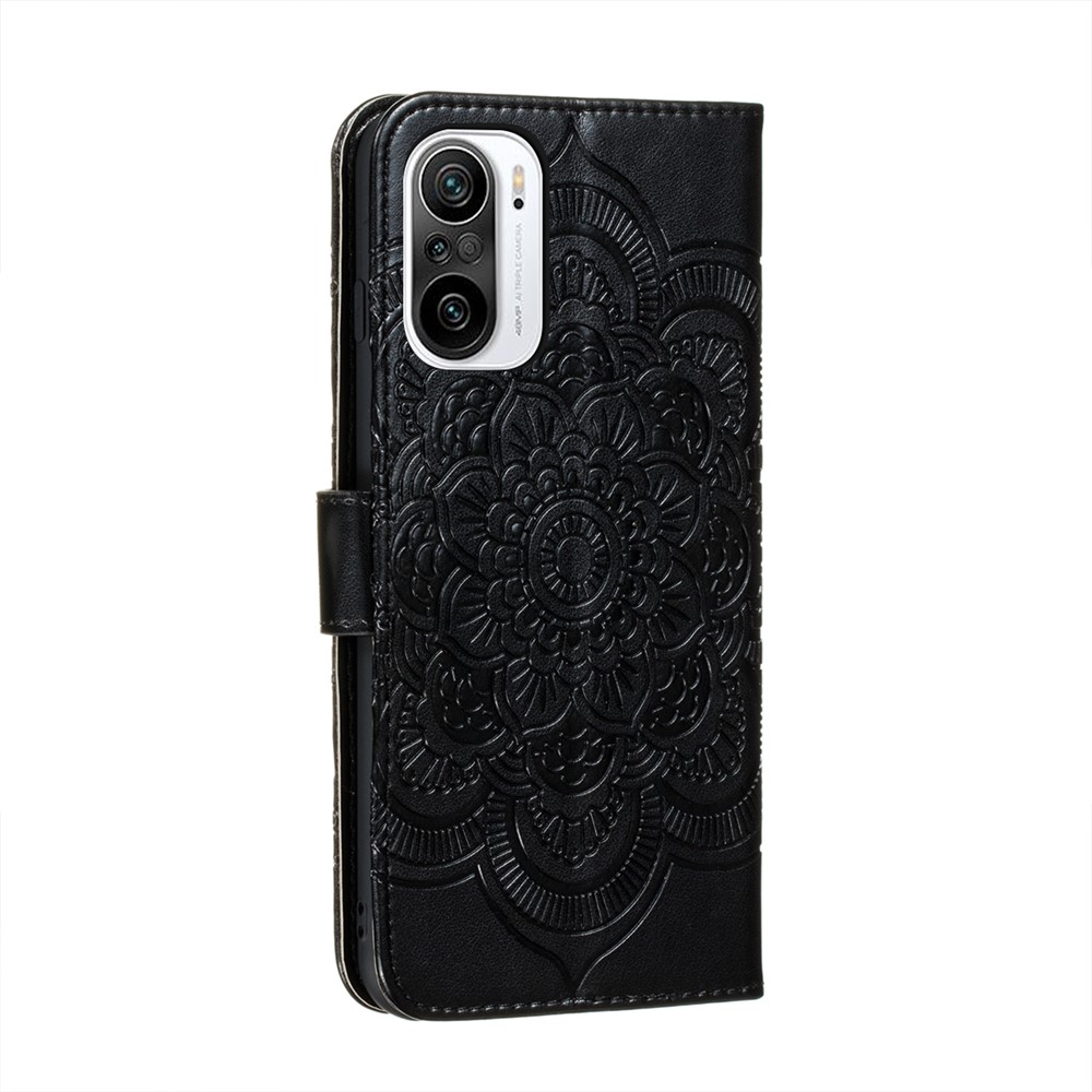Imprint Mandala Flower Stand for Xiaomi Redmi K40 Leather Case - Black-3