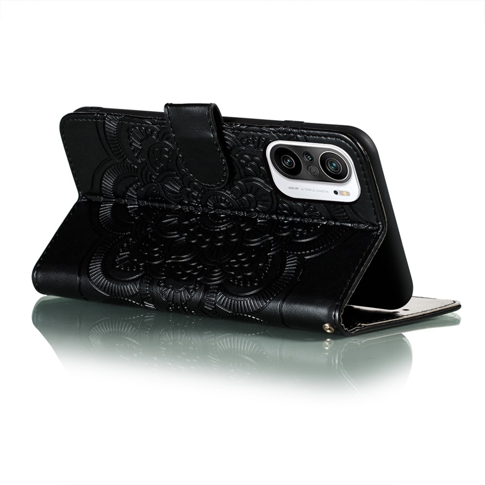 Imprint Mandala Flower Stand for Xiaomi Redmi K40 Leather Case - Black-4