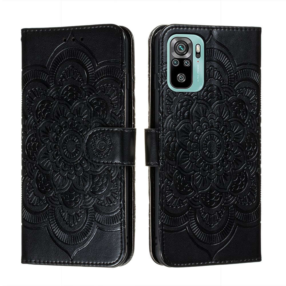 Imprint Mandala Flower Stand Leather Phone Case for Xiaomi Redmi Note 10 4G / Redmi Note 10S - Black-1