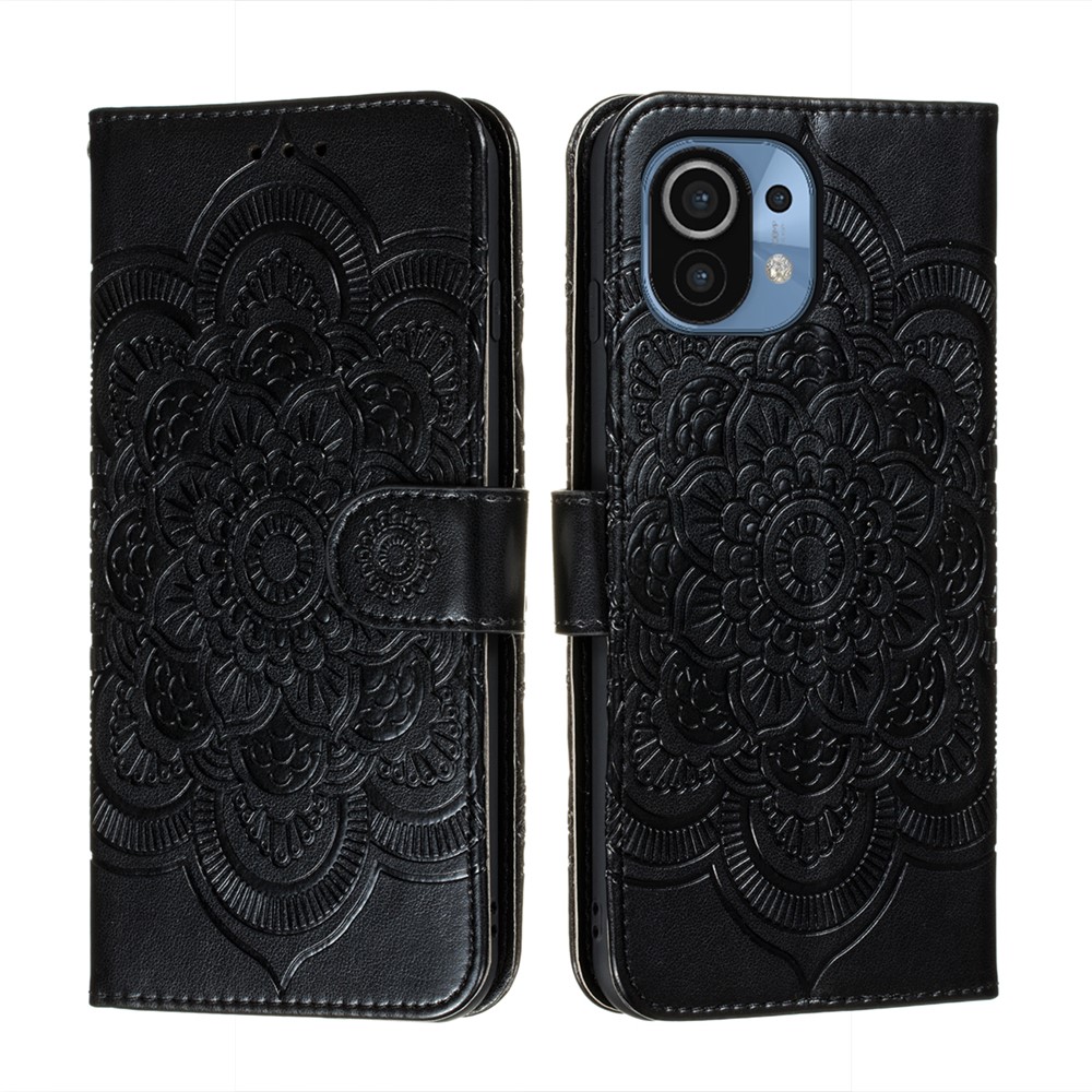 Imprint Mandala Flower Stand for Xiaomi Mi 11 Leather Case - Black-1