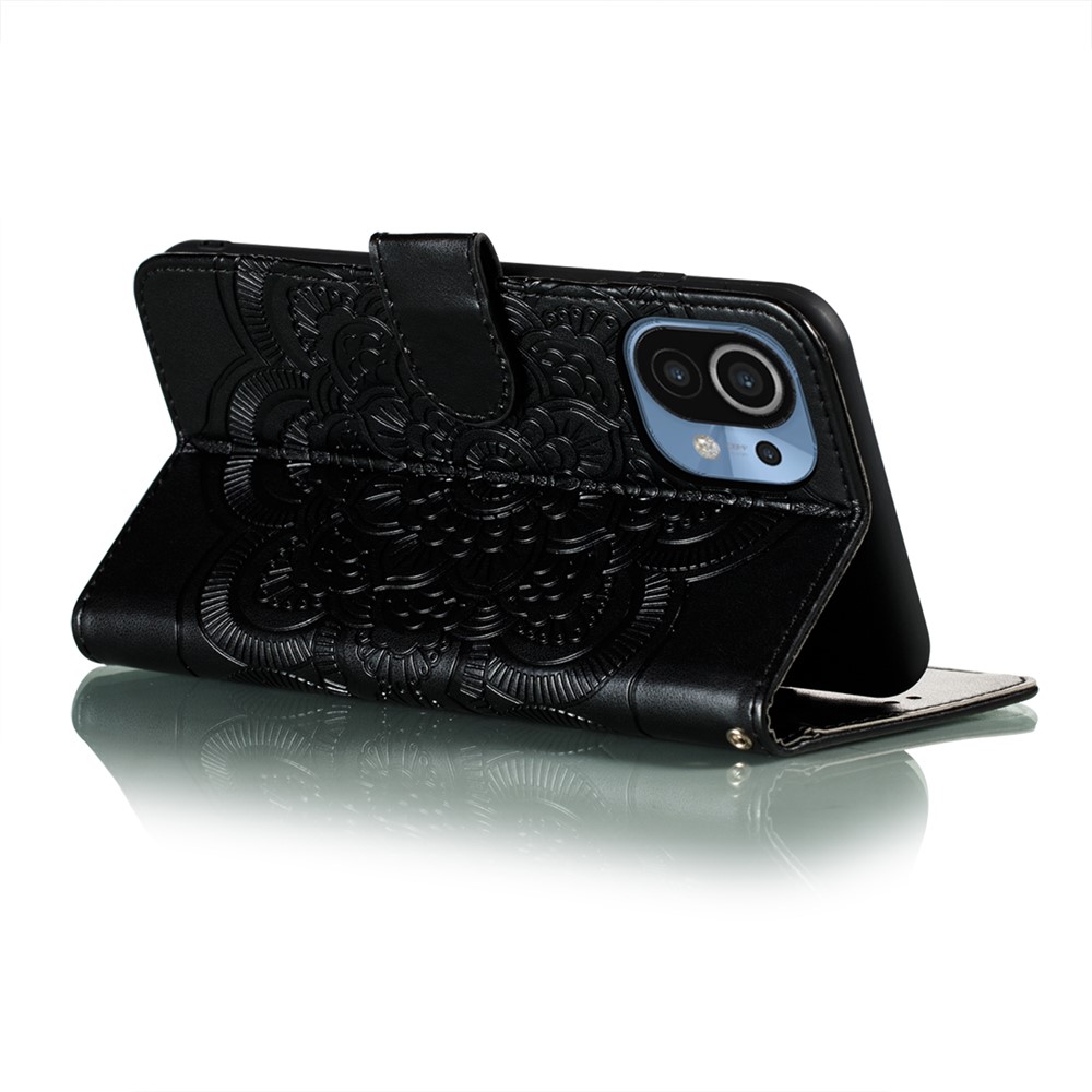 Imprint Mandala Flower Stand for Xiaomi Mi 11 Leather Case - Black-4