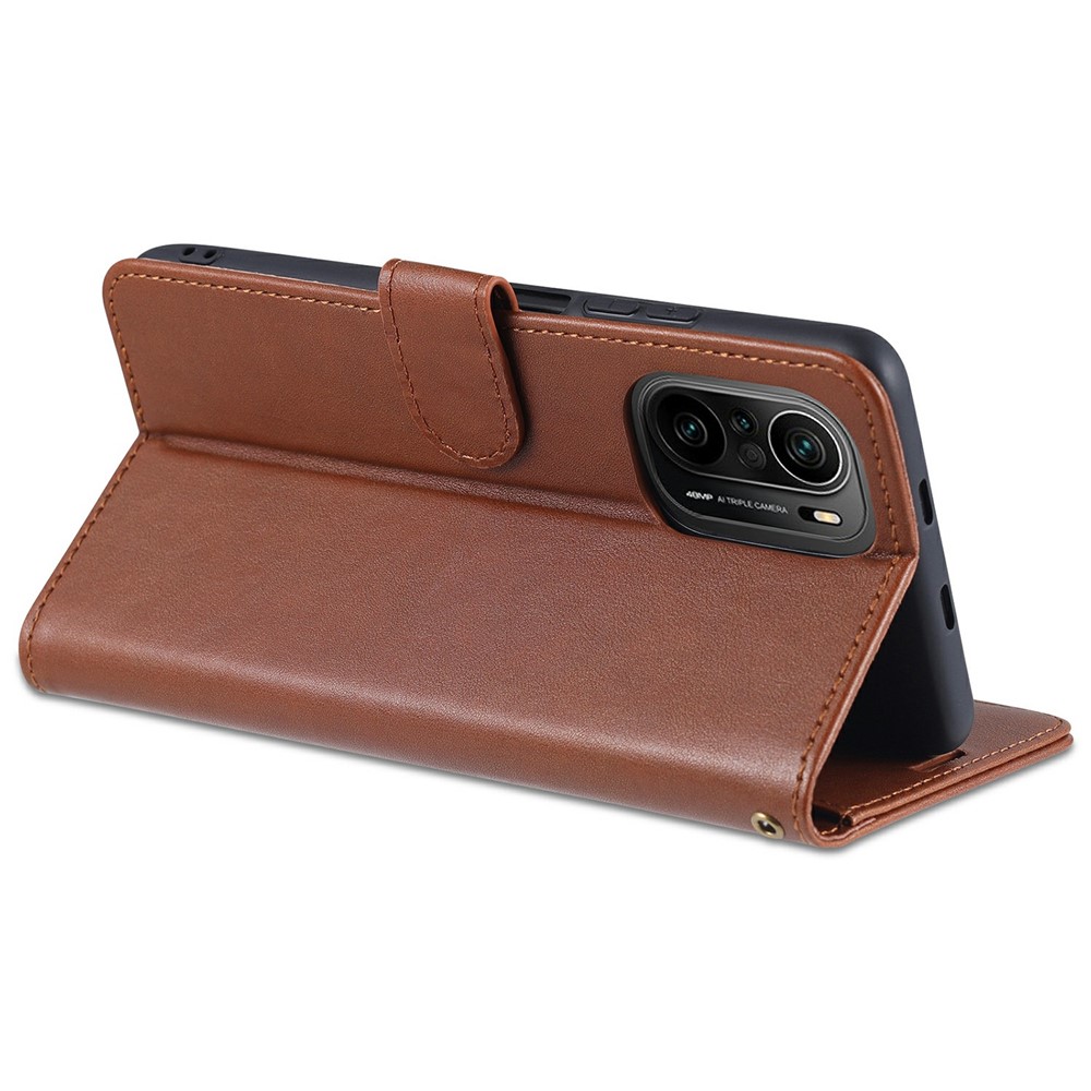 AZNS Wallet Stand Кожаный Защитный Чехол Для Xiaomi Redmi K40 / K40 Pro / Xiaomi Poco F3. - Коричневый