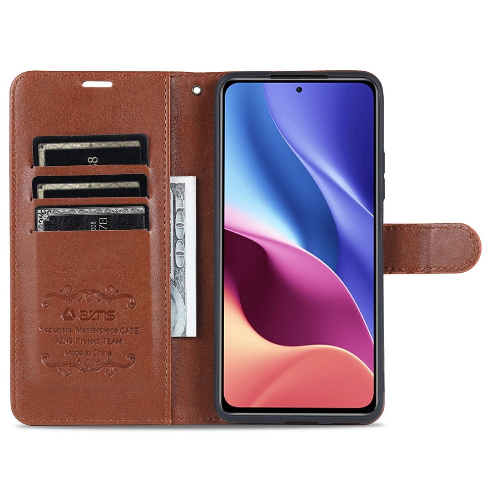 AZNS Wallet Stand Кожаный Защитный Чехол Для Xiaomi Redmi K40 / K40 Pro / Xiaomi Poco F3. - Коричневый