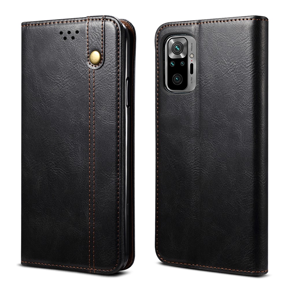 Oil Wax Surface PU Leather+TPU Wallet Stand Phone Cover for Xiaomi Redmi Note 10 4G (Internal) / Note 10S (Foreign) - Black-1