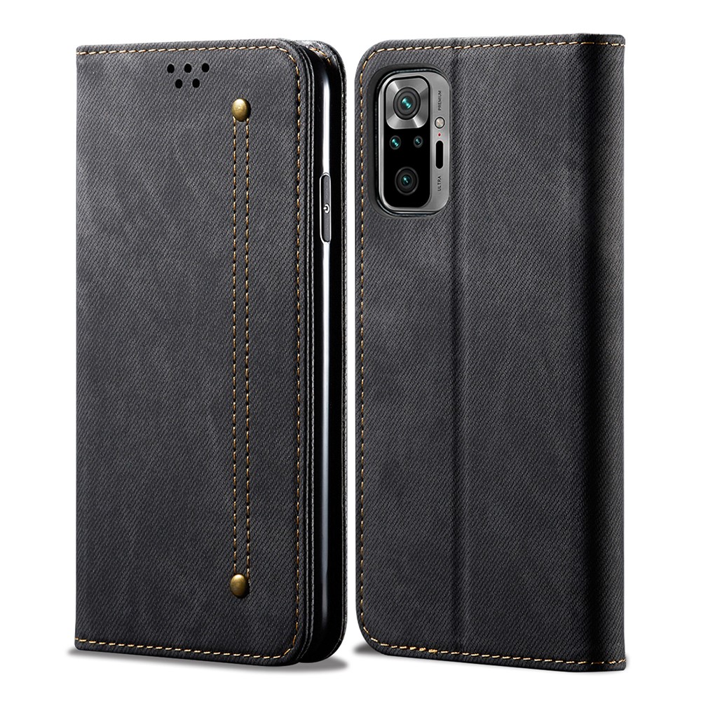 Jeans Cloth Texture Leisure Style Phone Shell Cover Wallet Stand for Xiaomi Redmi Note 10 4G/Note 10S - Black-1