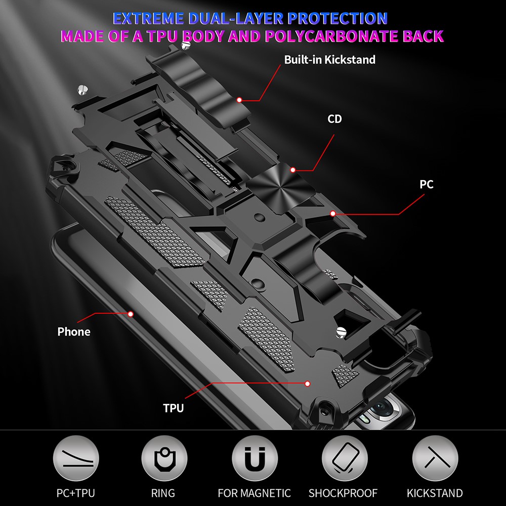 Armor Shockproof Kickstand PC TPU Phone Case with Magnetic Metal Sheet for Xiaomi Redmi Note 10 4G / Redmi Note 10S - Black-5
