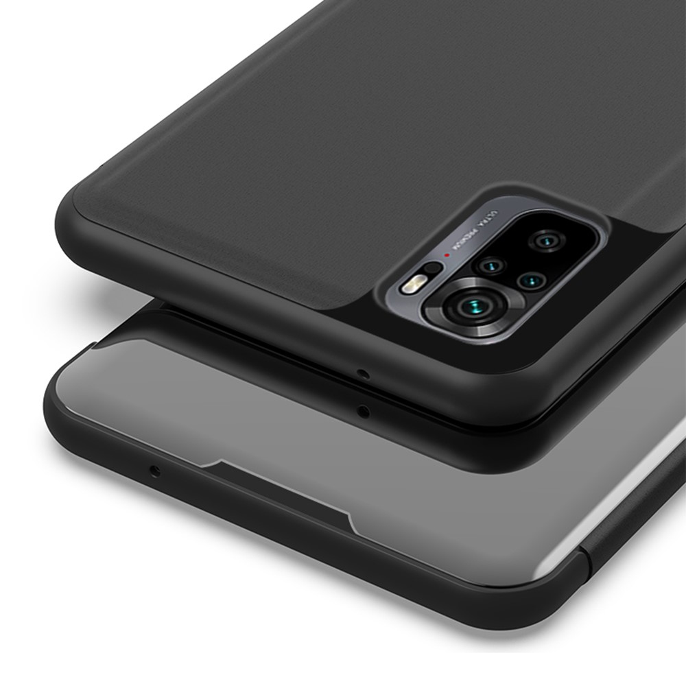 Plated Mirror Surface Leather Case for Xiaomi Redmi Note 10 4G/Note 10S View Window Phone Stand - Black-10