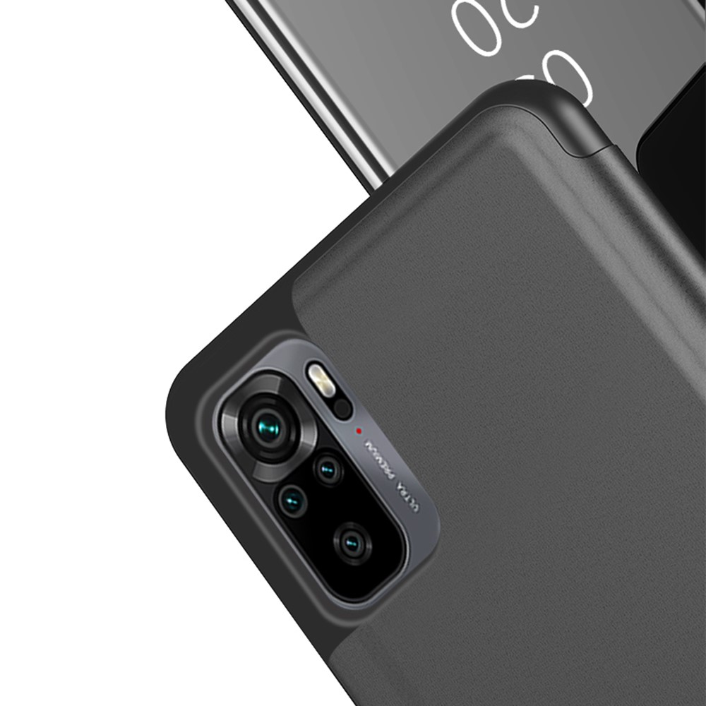 Plated Mirror Surface Leather Case for Xiaomi Redmi Note 10 4G/Note 10S View Window Phone Stand - Black-5