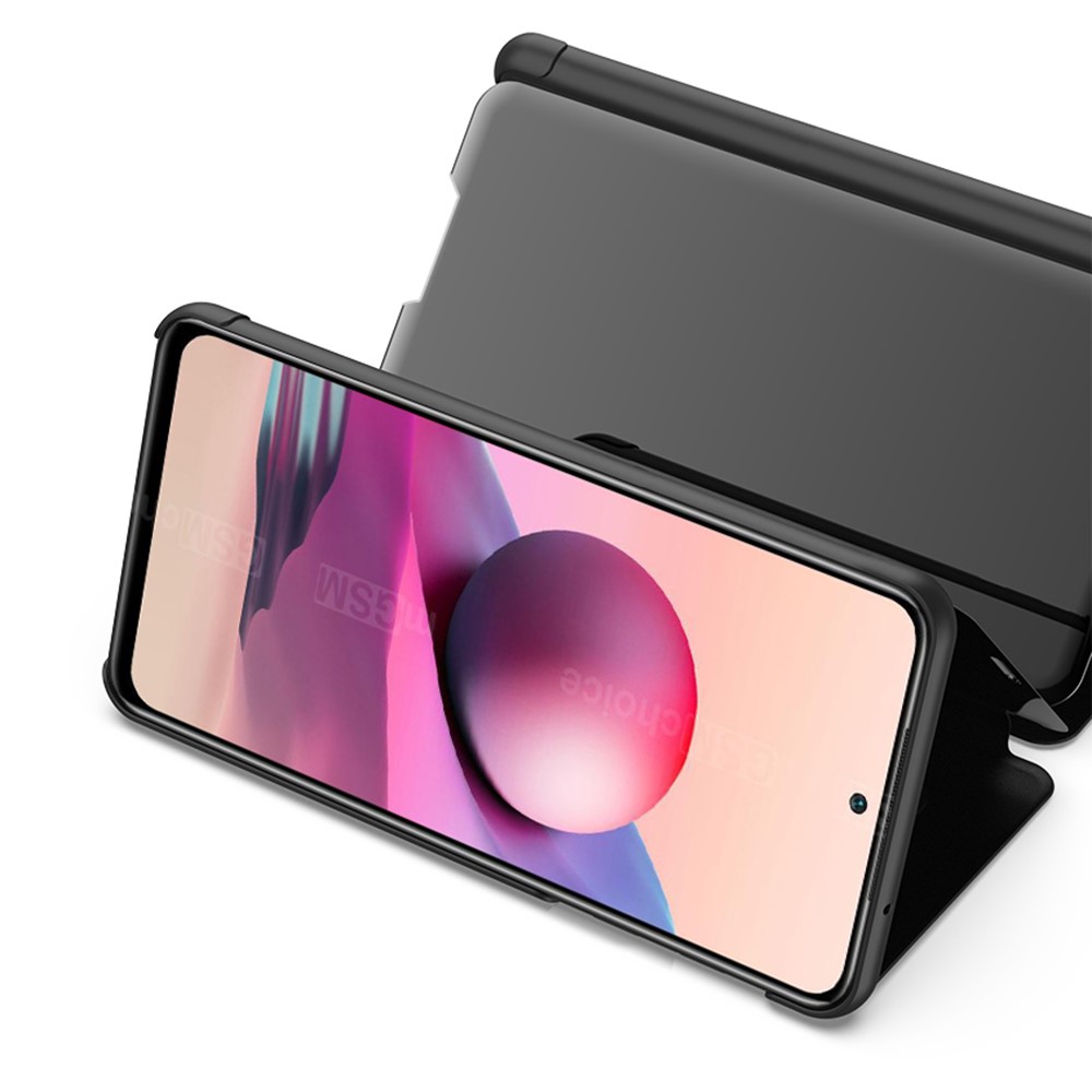 Plated Mirror Surface Leather Case for Xiaomi Redmi Note 10 4G/Note 10S View Window Phone Stand - Black-6
