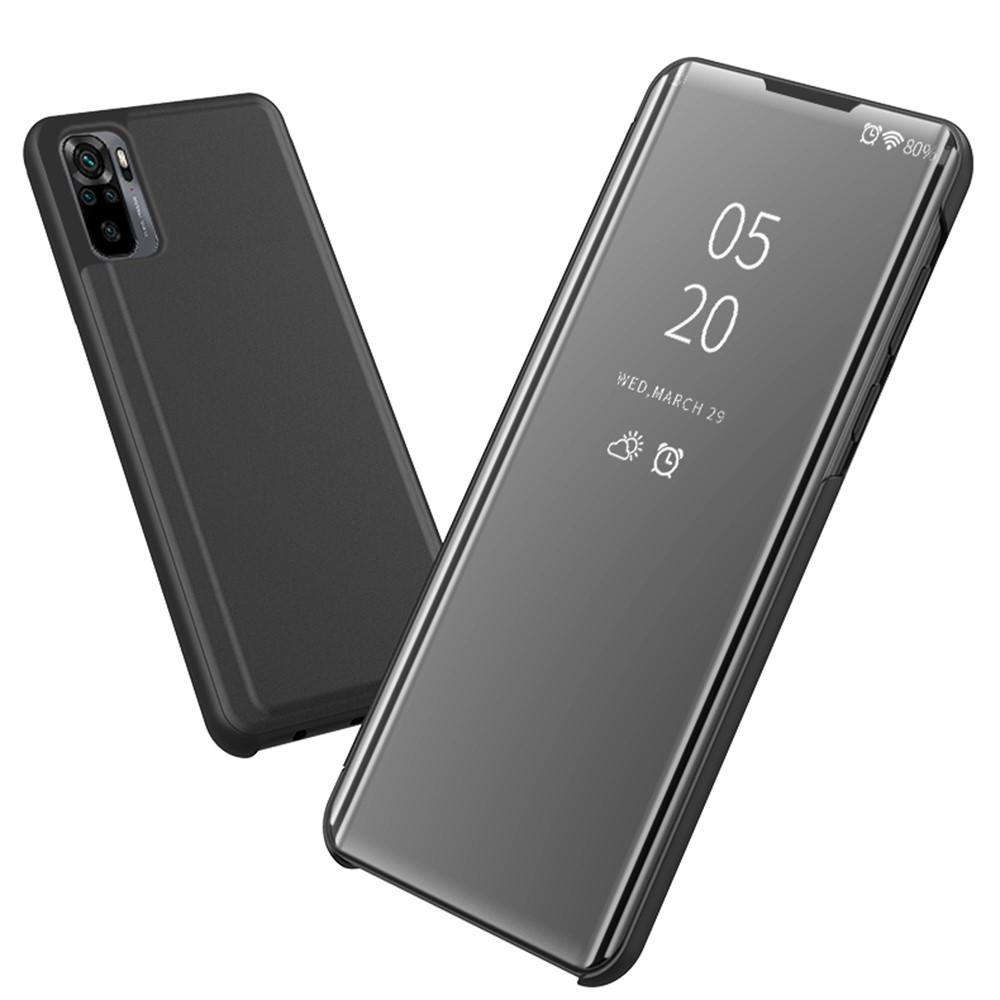 Plated Mirror Surface Leather Case for Xiaomi Redmi Note 10 4G/Note 10S View Window Phone Stand - Black-7
