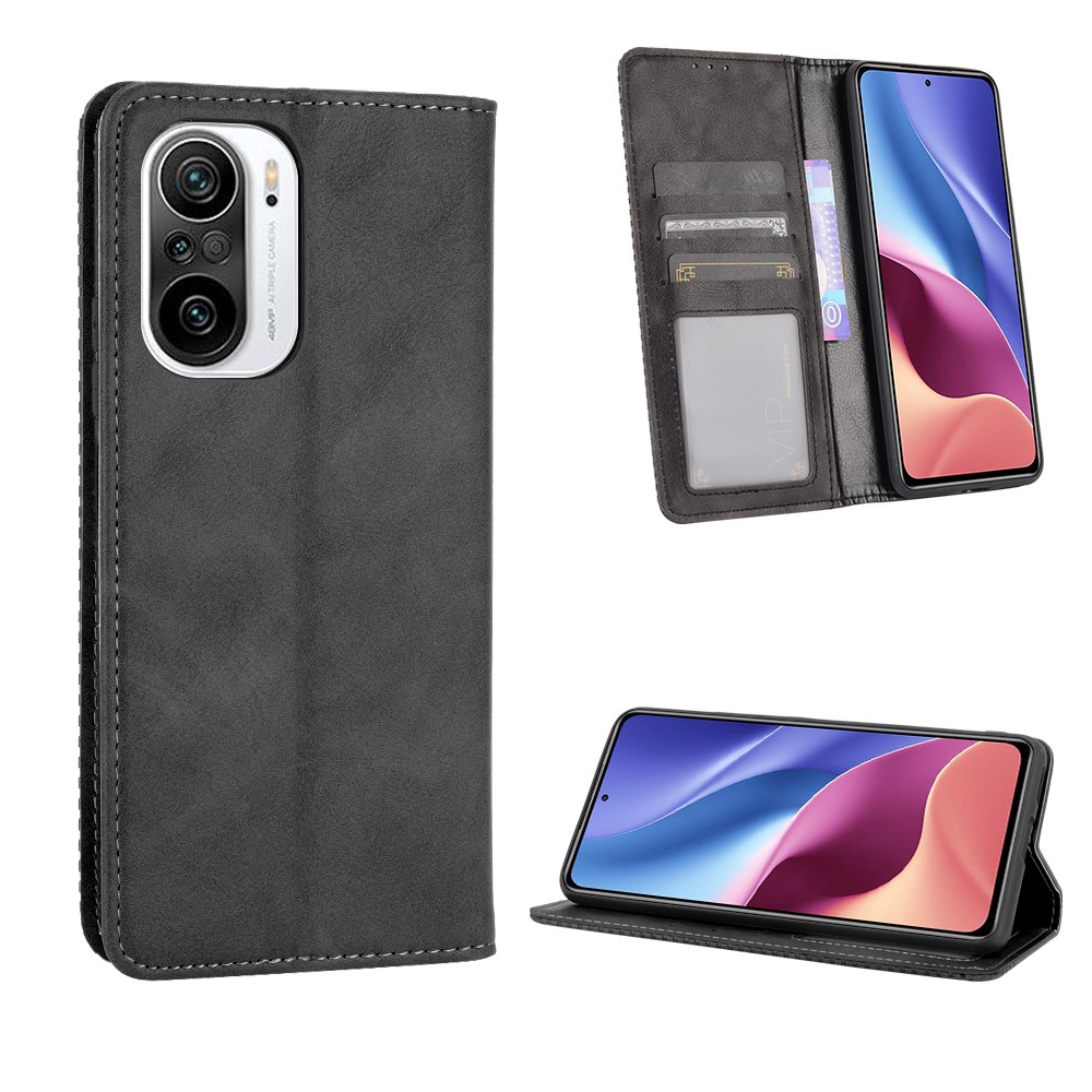 Magnetic Vintage Style Phone Case Wallet Stand Leather Cover for Xiaomi Redmi K40 / K40 Pro - Black-6