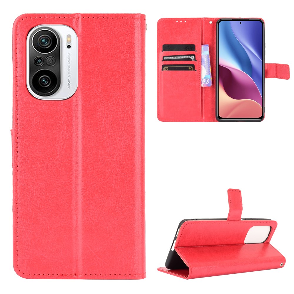 Crazy Horse Texture Wallet Design PU Leather Stand Protector Cover for Xiaomi Redmi K40 Pro / Redmi K40 - Red-5