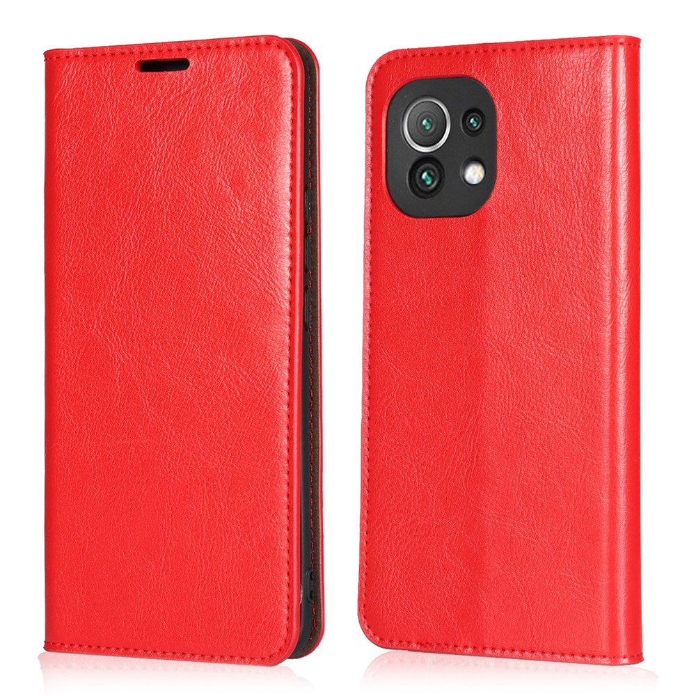Crazy Horse Genuine Leather Wallet Phone Case Cover Stand for Xiaomi Mi 11 - Red-1