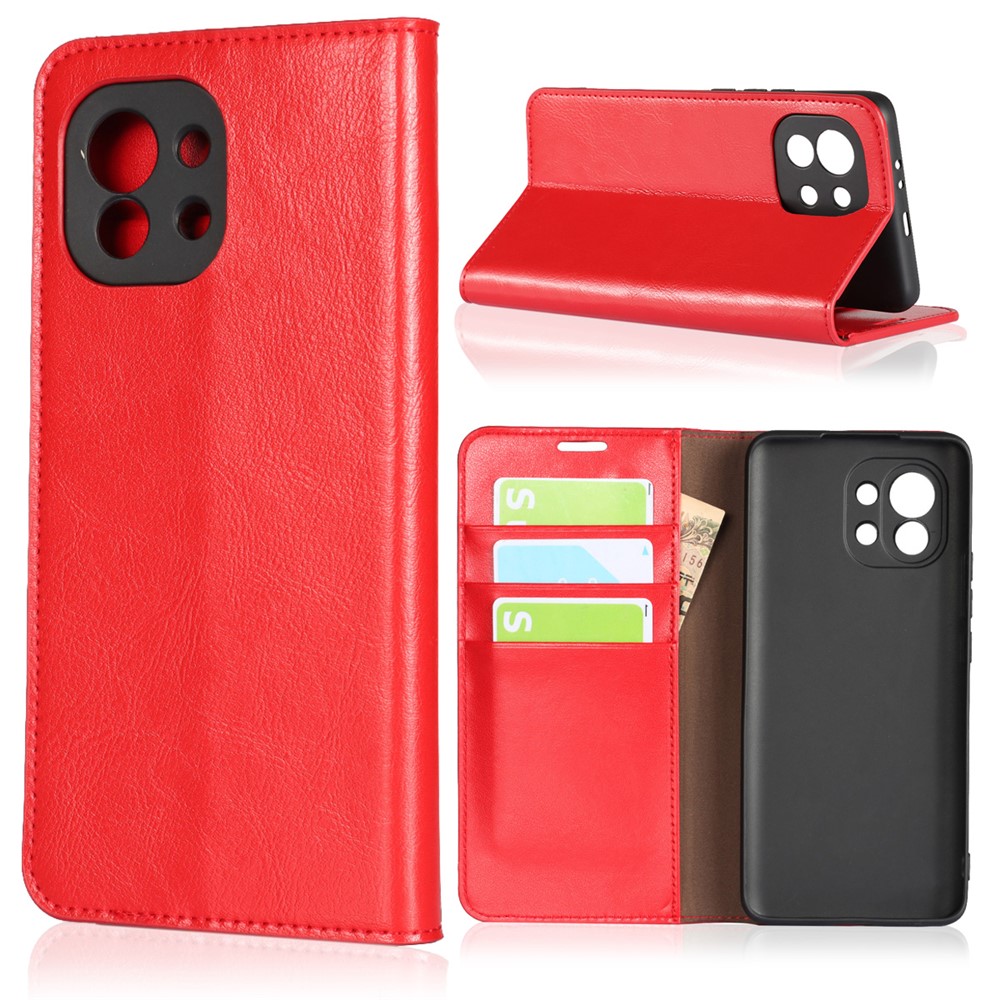 Crazy Horse Genuine Leather Wallet Phone Case Cover Stand for Xiaomi Mi 11 - Red-2
