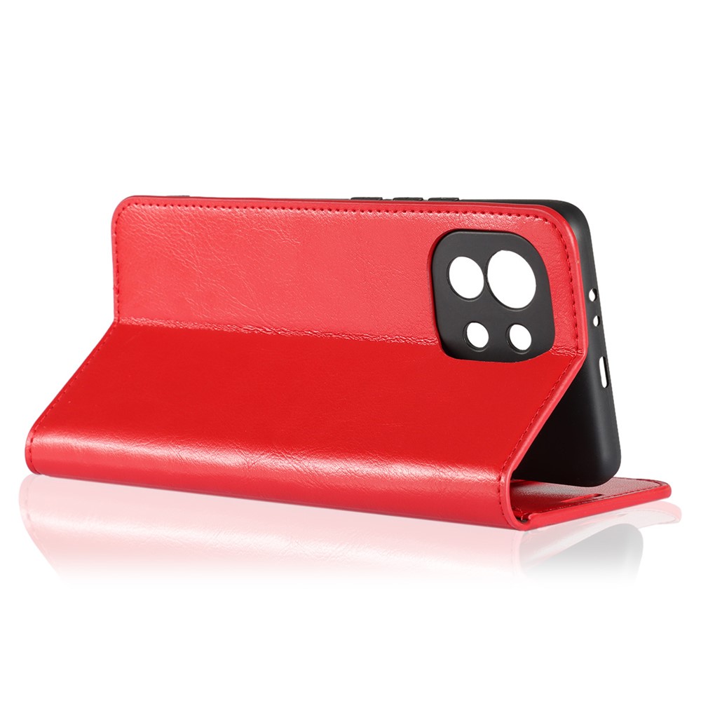 Crazy Horse Genuine Leather Wallet Phone Case Cover Stand for Xiaomi Mi 11 - Red-5