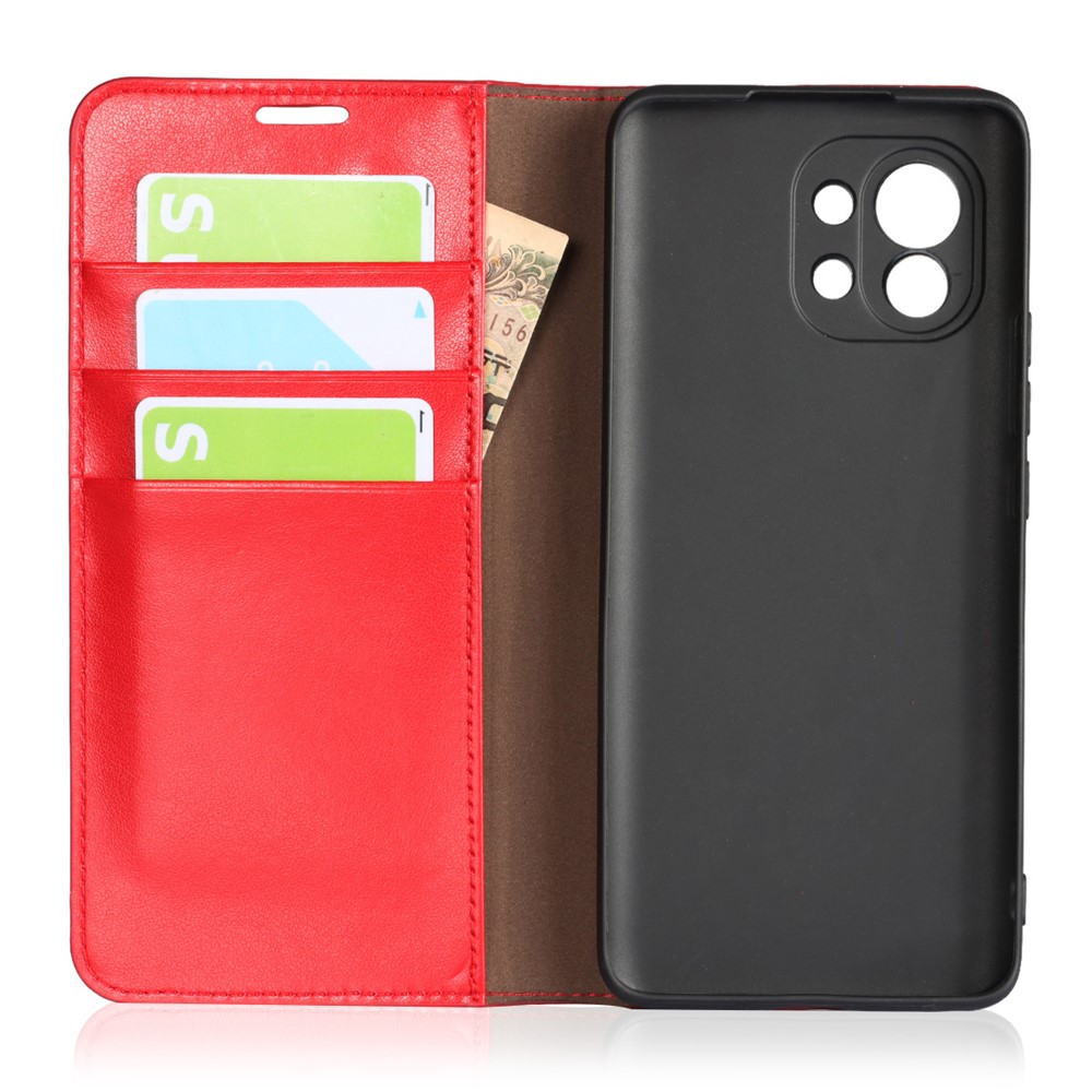 Crazy Horse Genuine Leather Wallet Phone Case Cover Stand for Xiaomi Mi 11 - Red-8