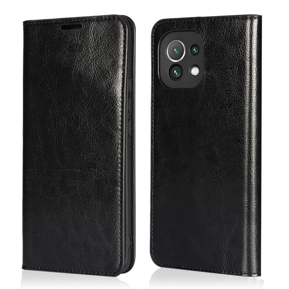 Crazy Horse Genuine Leather Wallet Phone Case Cover Stand for Xiaomi Mi 11 - Black-1