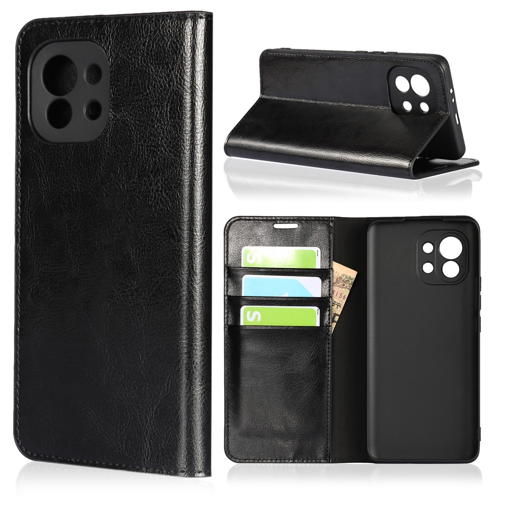 Crazy Horse Genuine Leather Wallet Phone Case Cover Stand for Xiaomi Mi 11 - Black-2