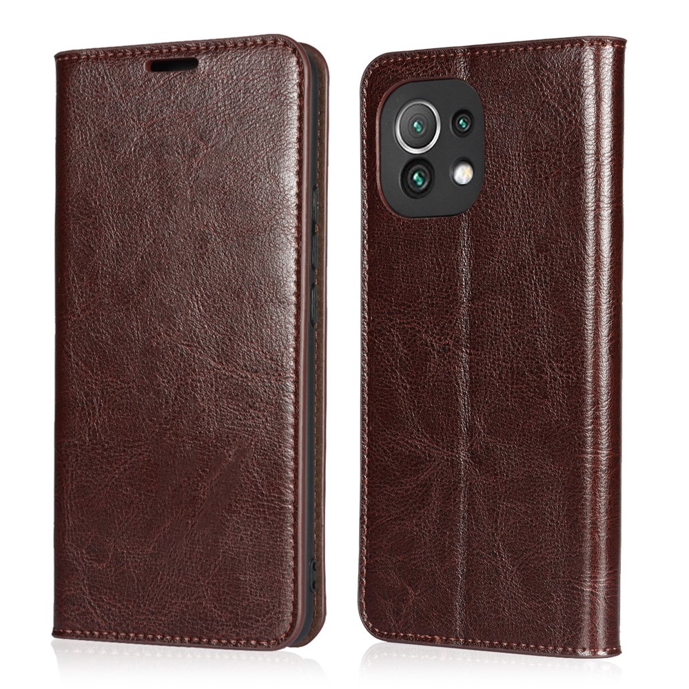 Crazy Horse Genuine Leather Wallet Phone Case Cover Stand for Xiaomi Mi 11 - Coffee-1