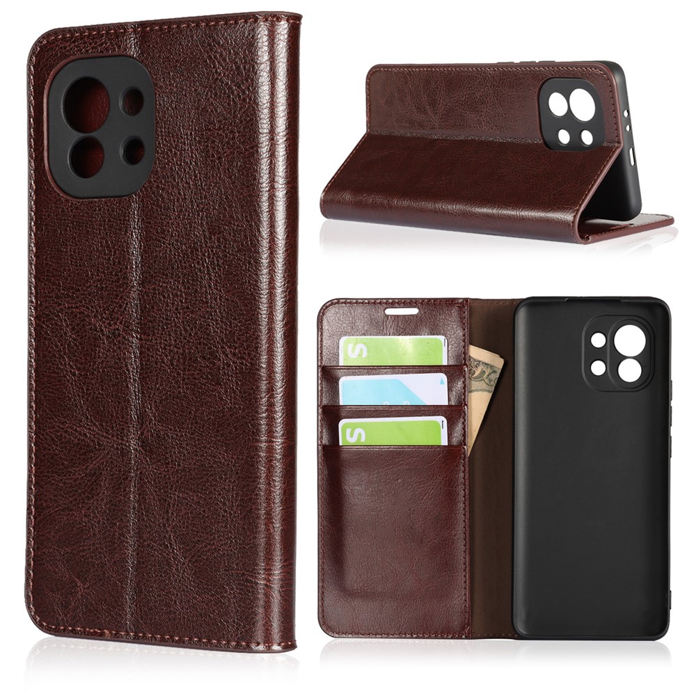 Crazy Horse Genuine Leather Wallet Phone Case Cover Stand for Xiaomi Mi 11 - Coffee-2