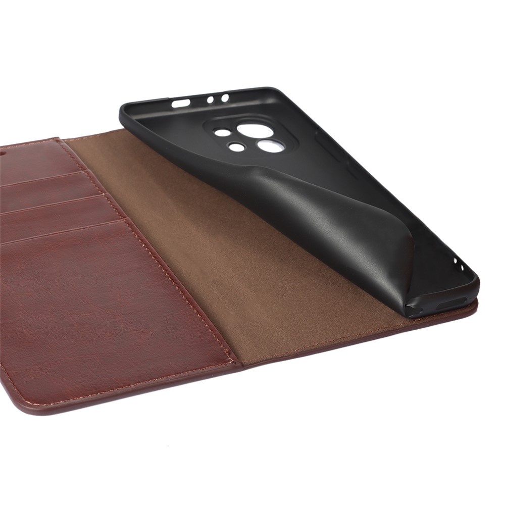 Crazy Horse Genuine Leather Wallet Phone Case Cover Stand for Xiaomi Mi 11 - Coffee-3