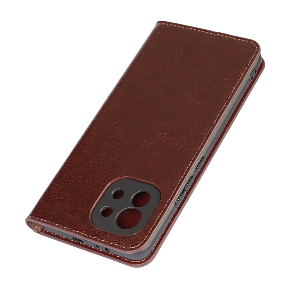Crazy Horse Genuine Leather Wallet Phone Case Cover Stand for Xiaomi Mi 11 - Coffee-4