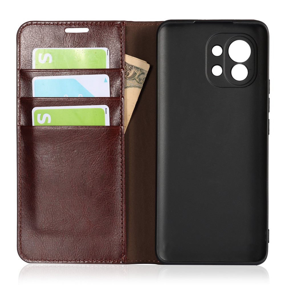 Crazy Horse Genuine Leather Wallet Phone Case Cover Stand for Xiaomi Mi 11 - Coffee-6