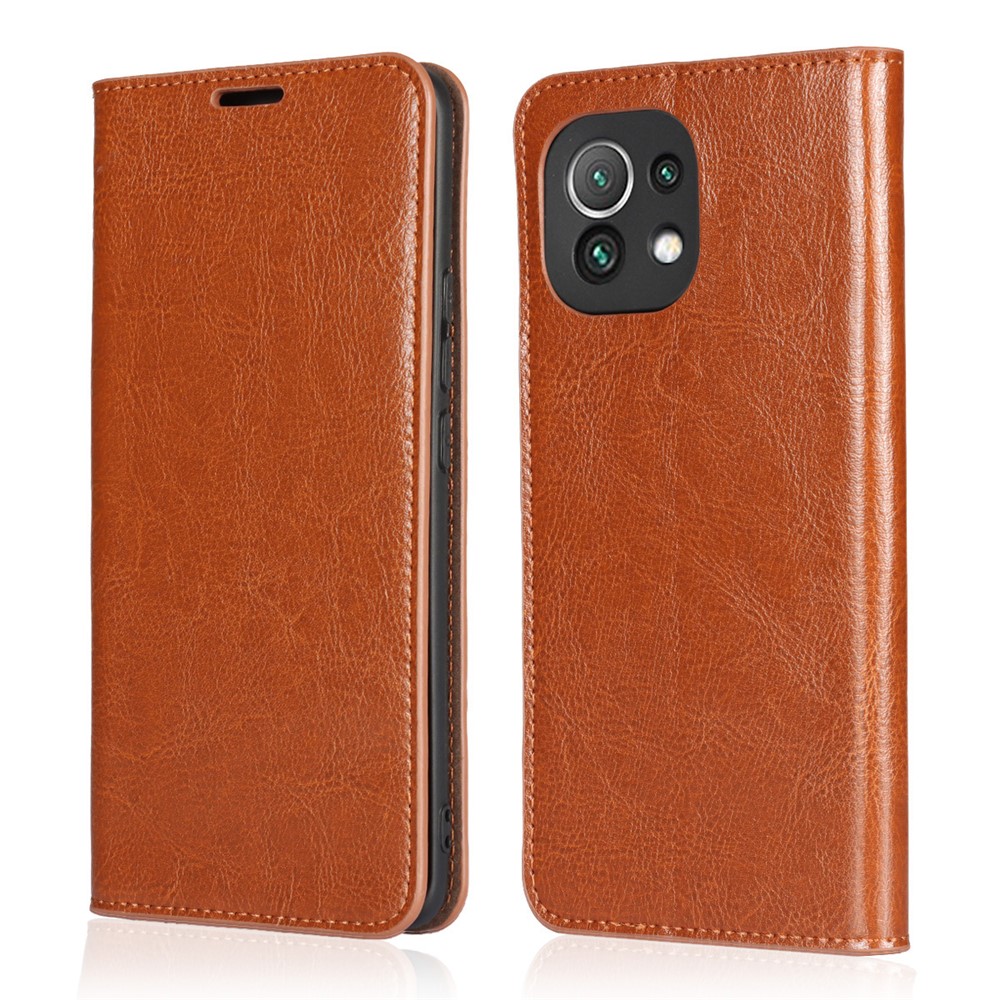 Crazy Horse Genuine Leather Wallet Phone Case Cover Stand for Xiaomi Mi 11 - Brown-1
