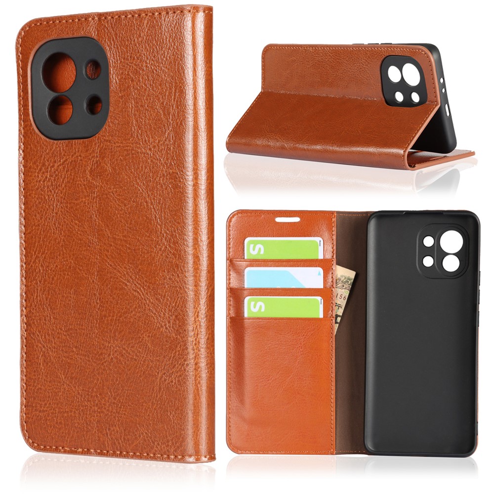 Crazy Horse Genuine Leather Wallet Phone Case Cover Stand for Xiaomi Mi 11 - Brown-2