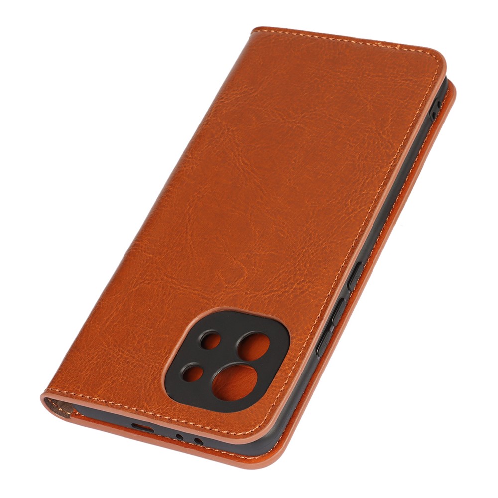 Crazy Horse Genuine Leather Wallet Phone Case Cover Stand for Xiaomi Mi 11 - Brown-4