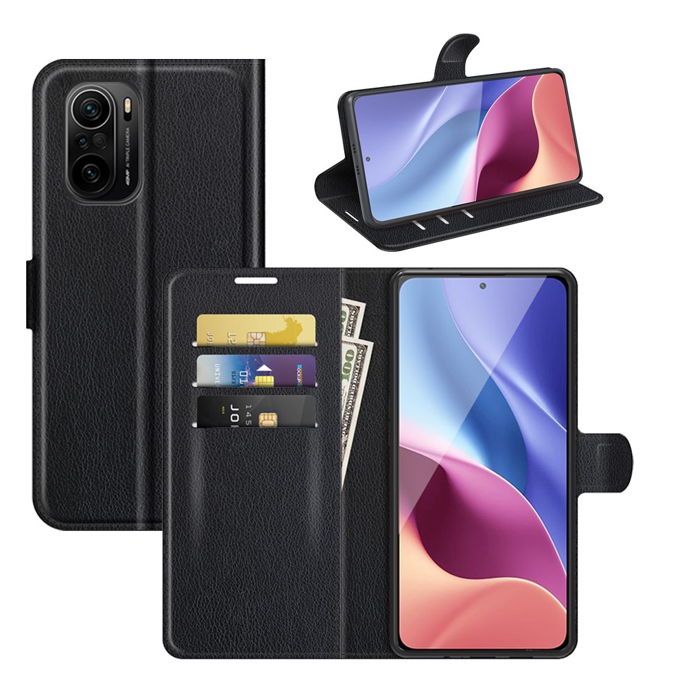 Litchi Texture Leather Phone Case Shell Wallet Stand for Xiaomi Redmi K40/K40 Pro - Black-6