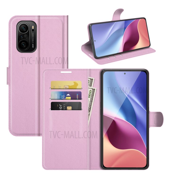 Litchi Texture Leather Phone Case Shell Wallet Stand for Xiaomi Redmi K40/K40 Pro - Pink-6