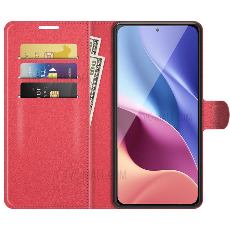 Litchi Texture Leather Phone Case Shell Wallet Stand for Xiaomi Redmi K40/K40 Pro - Red-2