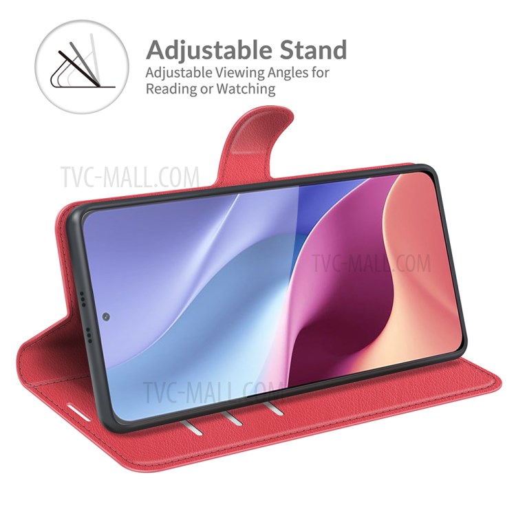 Litchi Texture Leather Phone Case Shell Wallet Stand for Xiaomi Redmi K40/K40 Pro - Red-3