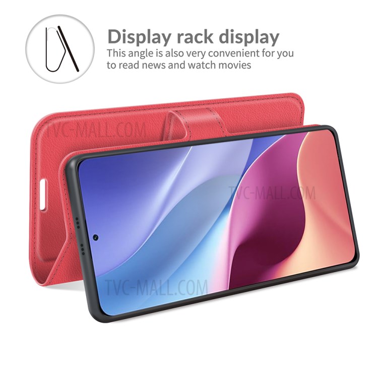 Litchi Texture Leather Phone Case Shell Wallet Stand for Xiaomi Redmi K40/K40 Pro - Red-4