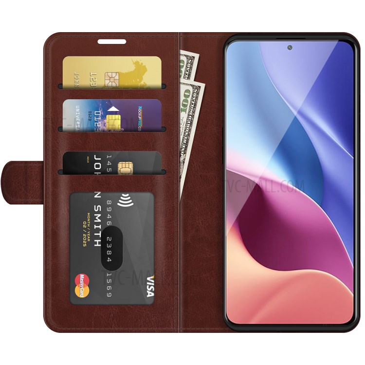 Retro Style Wallet Design Crazy Horse Texture Leather Phone Stand Cover with for Xiaomi Redmi K40 Pro / Redmi K40 / Poco F3 - Brown-2