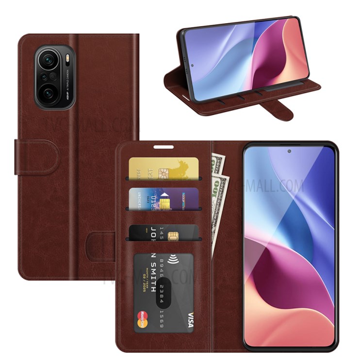 Retro Style Wallet Design Crazy Horse Texture Leather Phone Stand Cover with for Xiaomi Redmi K40 Pro / Redmi K40 / Poco F3 - Brown-6