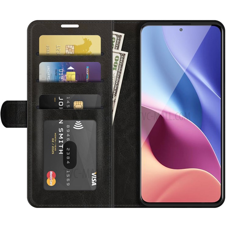 Retro Style Wallet Design Crazy Horse Texture Leather Phone Stand Cover with for Xiaomi Redmi K40 Pro / Redmi K40 / Poco F3 - Black-2