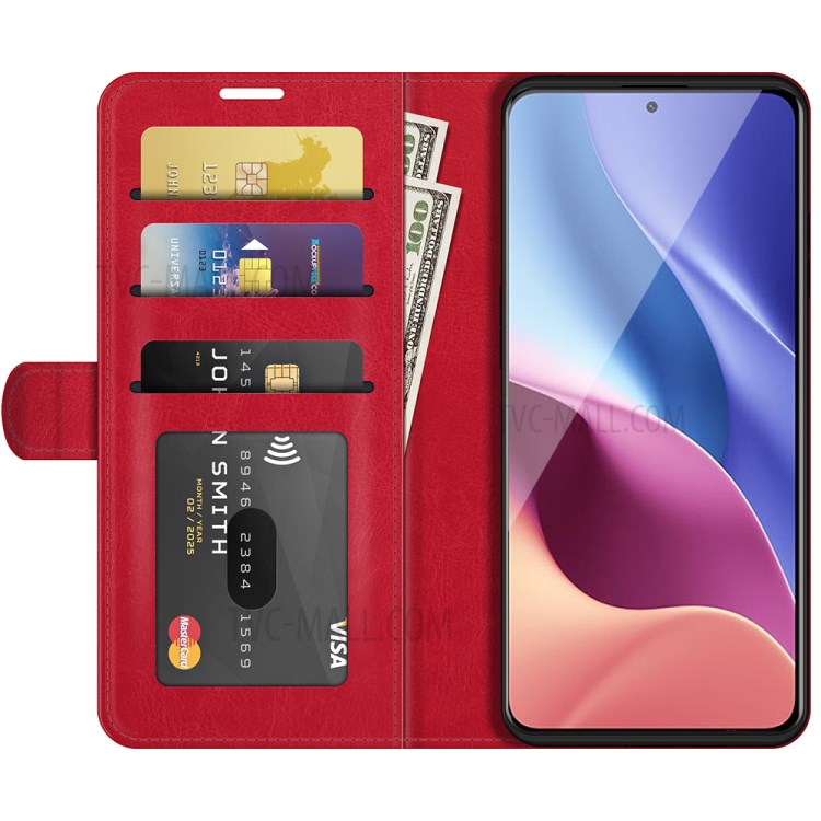Retro Style Wallet Design Crazy Horse Texture Leather Phone Stand Cover with for Xiaomi Redmi K40 Pro / Redmi K40 / Poco F3 - Red-2