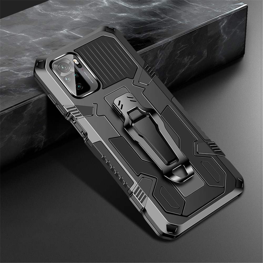 Plastic + TPU + Metal Hybrid Case Anti-Drop Kickstand Phone Cover for Xiaomi Redmi Note 10 4G - Black-1
