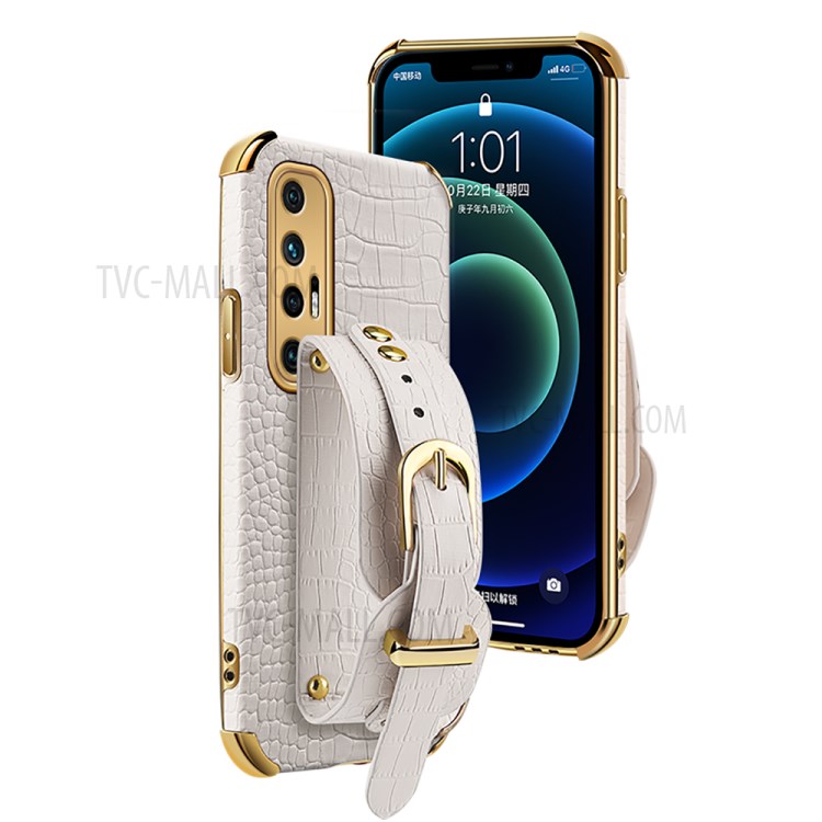 Electroplated 6D Crocodile Texture PU Leather + TPU Phone Case with Wrist Strap for Xiaomi Mi 10S - White-1