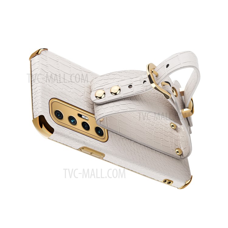 Electroplated 6D Crocodile Texture PU Leather + TPU Phone Case with Wrist Strap for Xiaomi Mi 10S - White-11